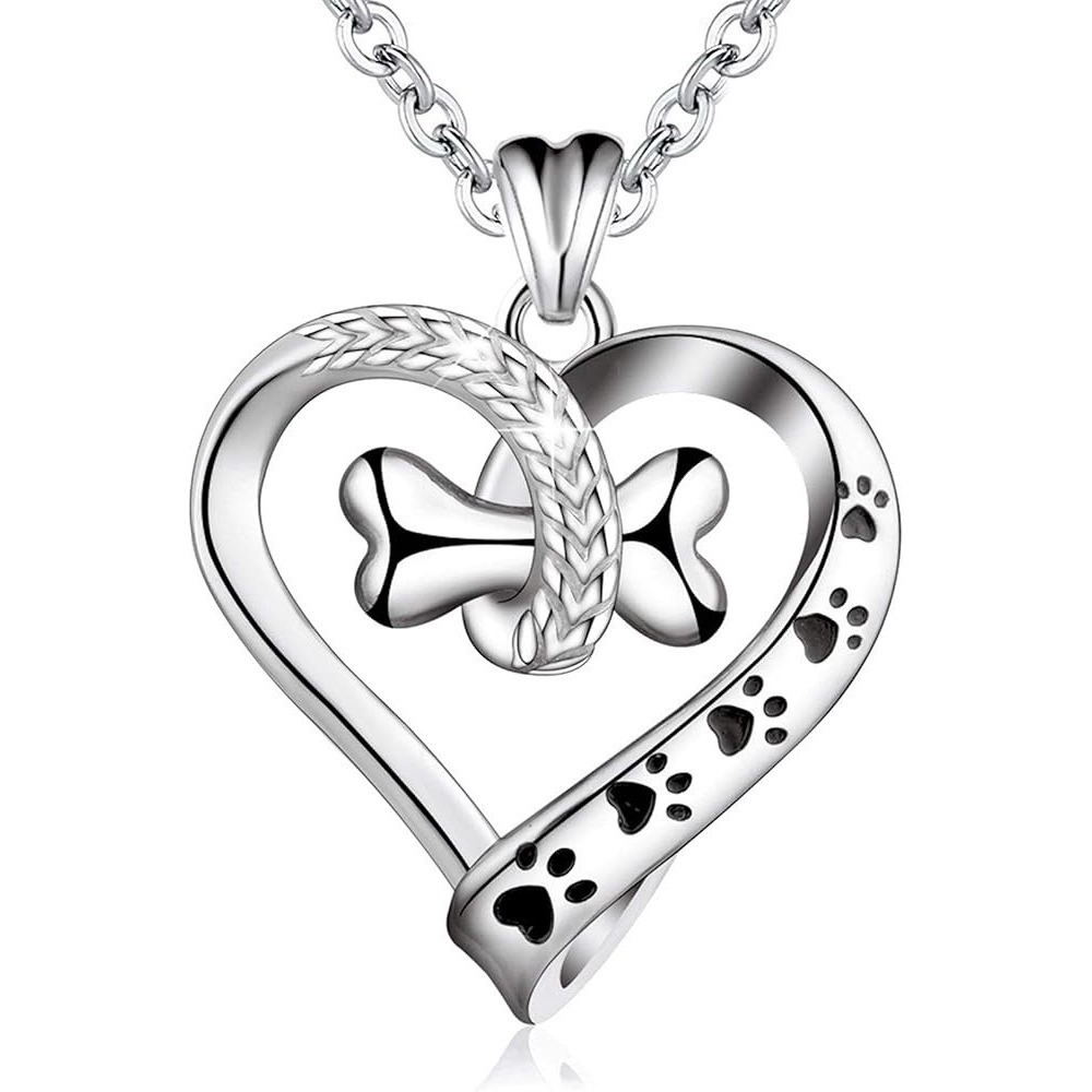 925 Sterling Silver Necklace Cute Dog Paws with Bone,Heart Pendant Necklace New